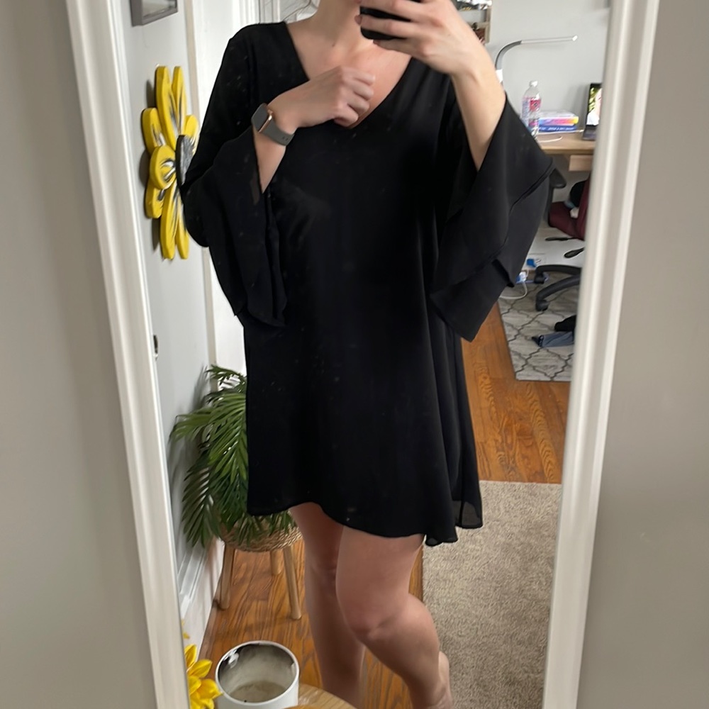 flowy sleeve black silky dress